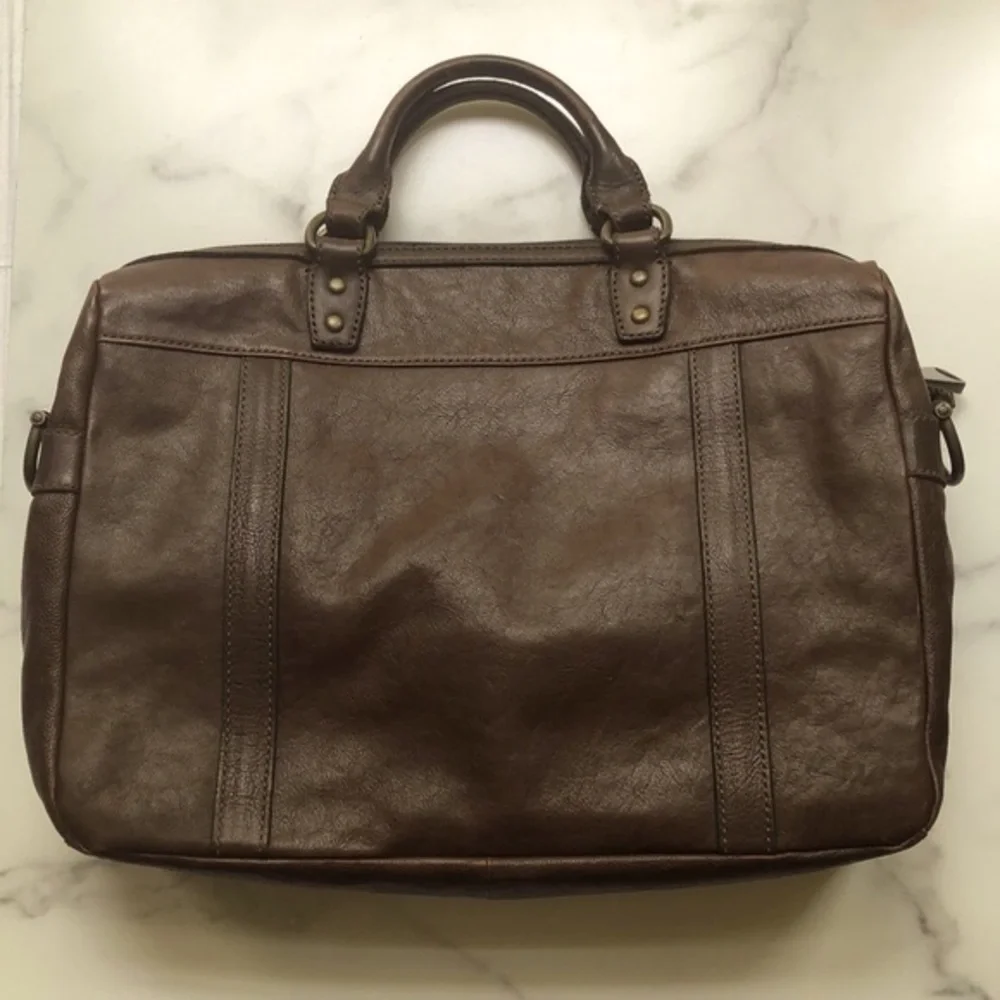 Fossil Brown Leather Briefcase Messenger Travel Crossbody Bag Double handle